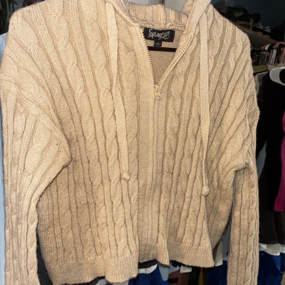 Spiegel Tan Cable Knit Zip-Up Sweater